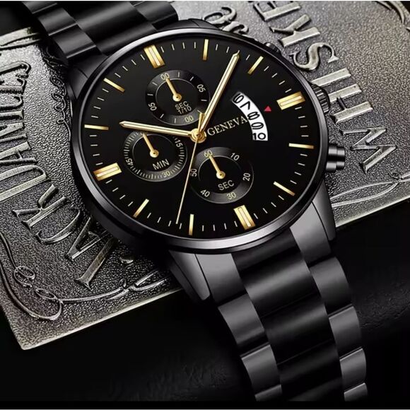 Men's Watch Stainless Steel Calendar Quartz Black New F4 - Picture 5 of 5